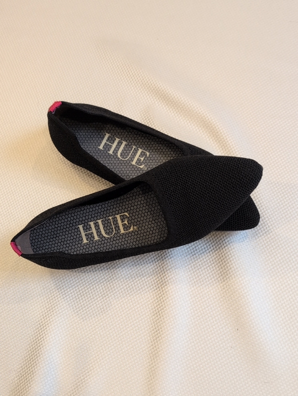 HUE Black Pointed Knit Slip-On Flats with Pink Heel Tab